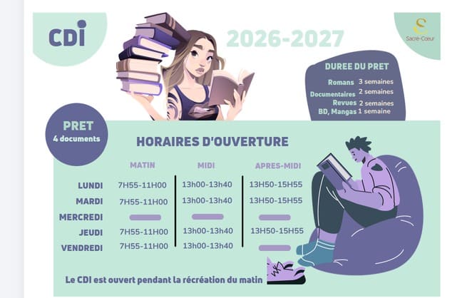 Horaires d'ouverture et durées de prêt du CDI du collège Sacré-Cœur