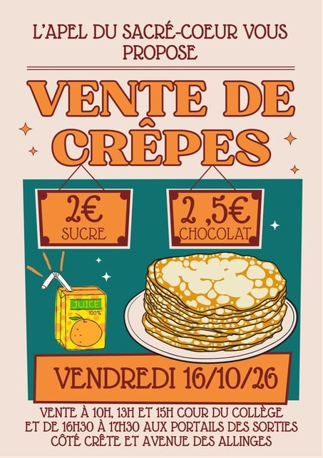 Affiche de la vente de crêpes de l'APEL du collège Sacré-Cœur de Thonon-les-Bains